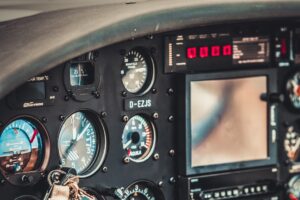 Vintage aircraft cockpit detail. Retro aviation, aircraft instru