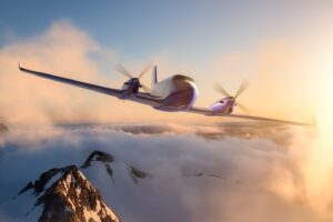 Twin-engine aircraft flying over snowy mountain peaks at sunrise, representing multi-engine commercial flight training.