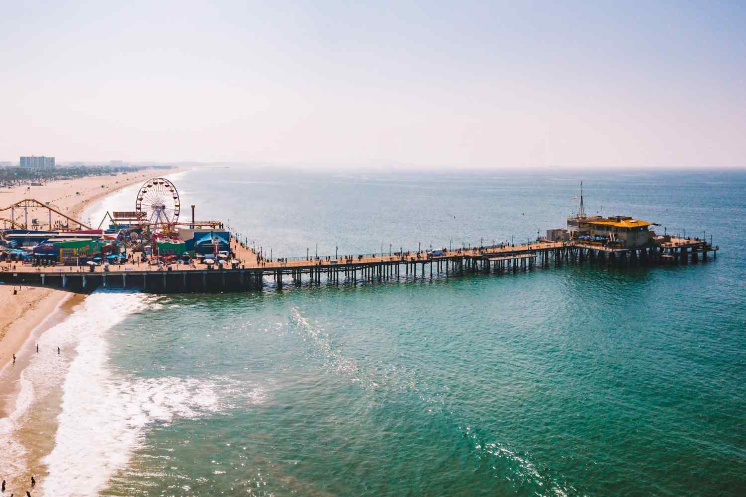 Aerial view of Santa Monica with clear blue water