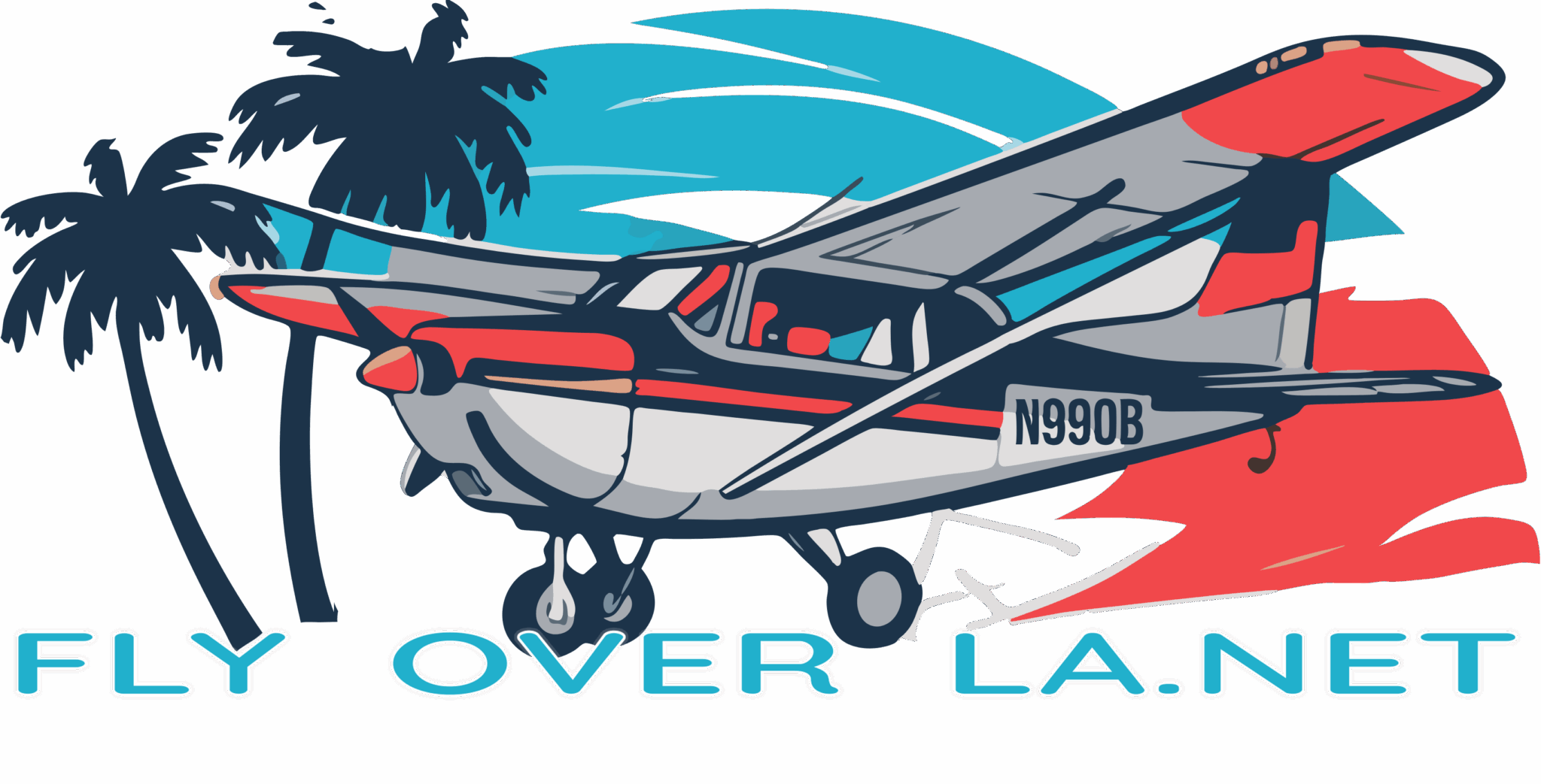 Fly Over LA logo, vectorized cessna with palm trees and sunset